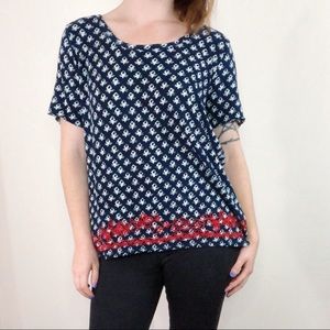 Navy Lucky Brand Printed High Low Top w/Embroidery